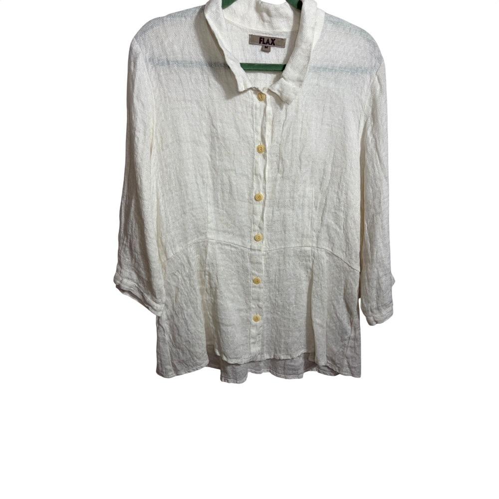FLAX White 100% Linen Button Down Shirt Long Sleeve Textured M peplum  lagenlook - Picture 10 of 10